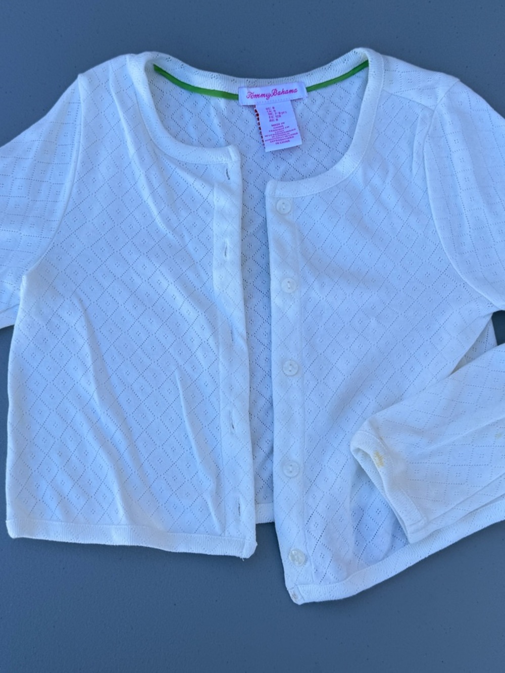 Tommy Bahama Girls' White Eyelet Cotton Cardigan with Green Trim